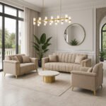 طقم كنب Aurora كامل بلون بيج في غرفة معيشة فاخرة بتصميم عصري Aurora sofa set in beige displayed in a luxurious modern living room