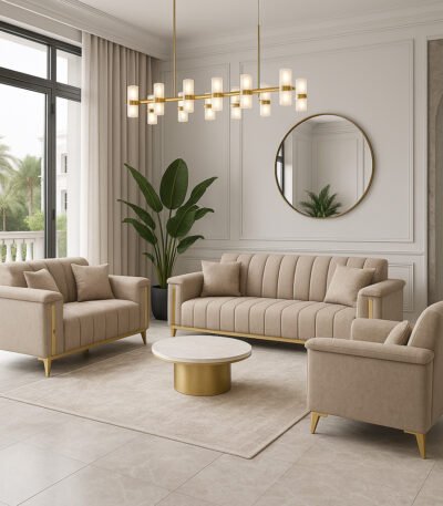 طقم كنب Aurora كامل بلون بيج في غرفة معيشة فاخرة بتصميم عصري Aurora sofa set in beige displayed in a luxurious modern living room
