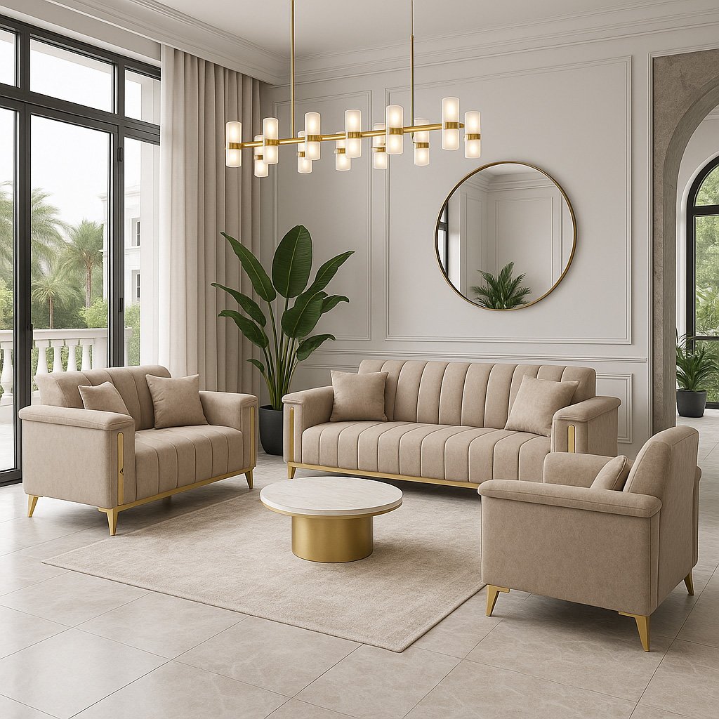 طقم كنب Aurora كامل بلون بيج في غرفة معيشة فاخرة بتصميم عصري Aurora sofa set in beige displayed in a luxurious modern living room