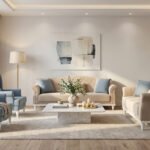 Classic beige and light blue sofa set styled in a modern living room