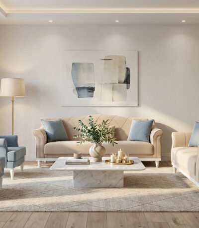 Classic beige and light blue sofa set styled in a modern living room