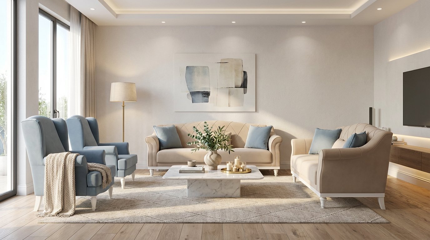 Château_memoviva_sofa-set-full-set (1) Classic beige and light blue sofa set styled in a modern living room