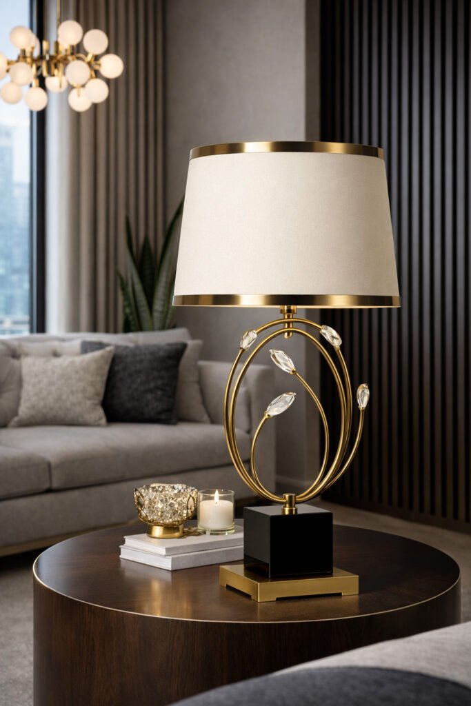 Crystal Bloom gold table lamp styled in a modern living room interior
