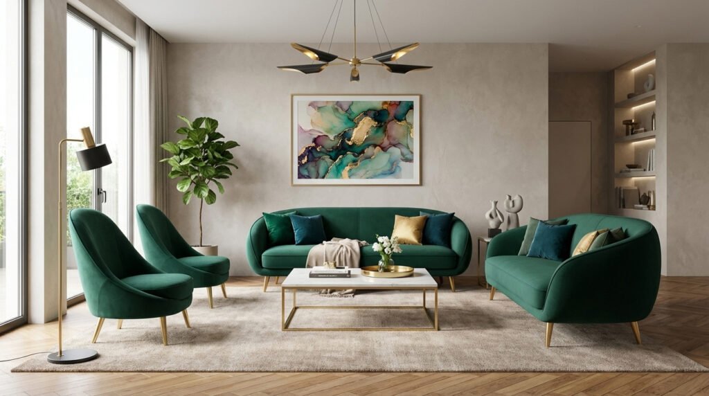 Emerald green sofa set styled in a modern living room with gold accents