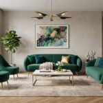 Emerald green sofa set styled in a modern living room with gold accents