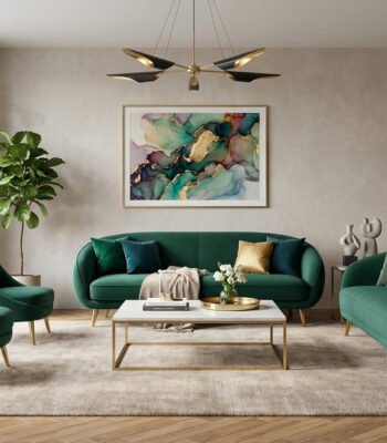 Emerald green sofa set styled in a modern living room with gold accents