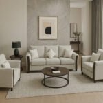 Beige sofa set styled in a modern living room with armchairs and three-seater sofa