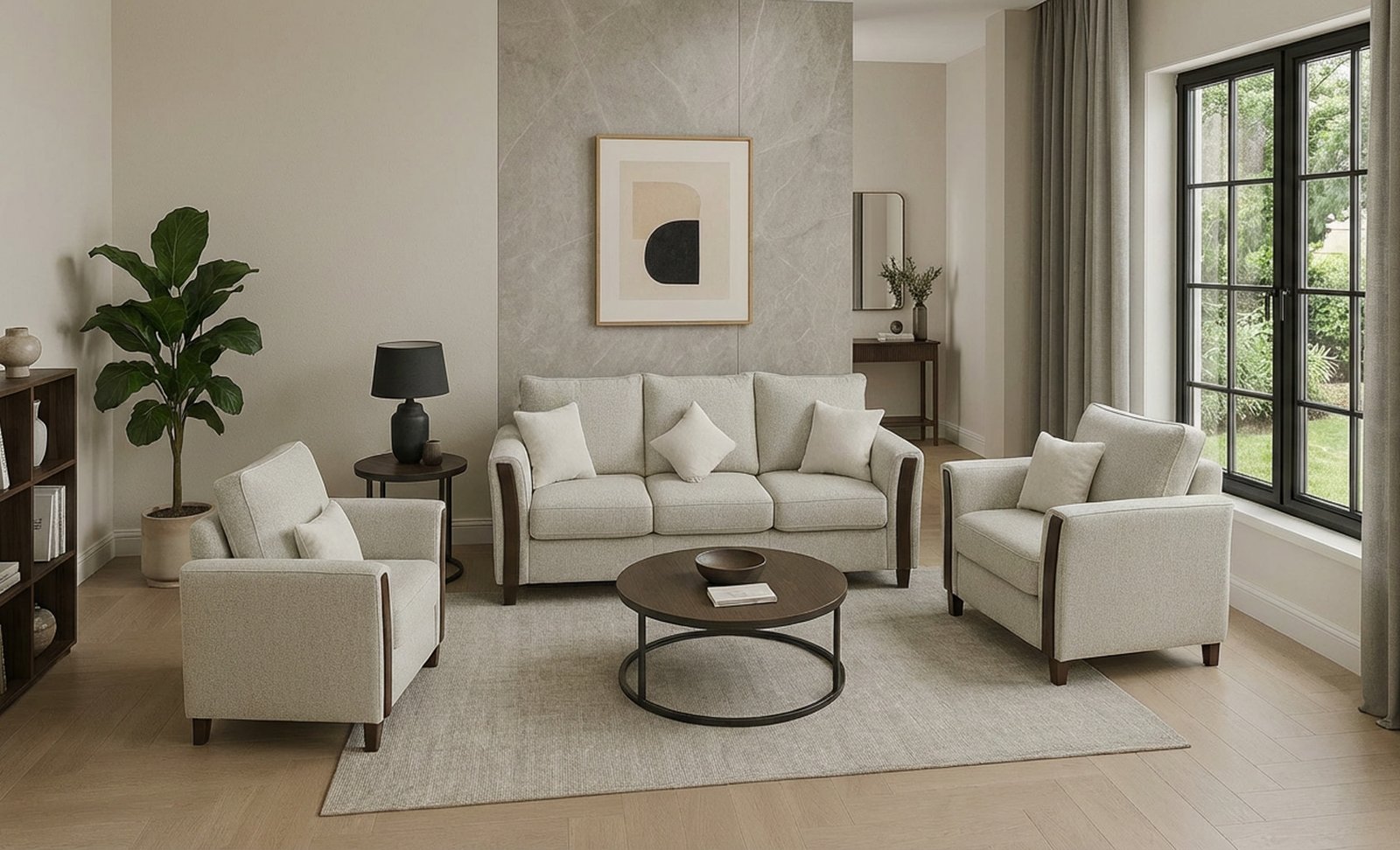 haven-memoviva-sofa-set (2) Beige sofa set styled in a modern living room with armchairs and three-seater sofa