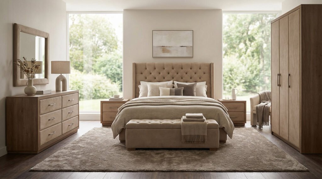 Modern beige bedroom set with upholstered bed, bench, wardrobe, and dresser in a bright contemporary room