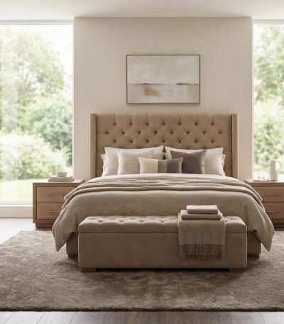 Modern beige bedroom set with upholstered bed, bench, wardrobe, and dresser in a bright contemporary room