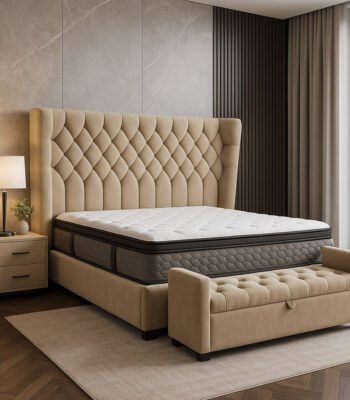 Royal Crest luxury bed set by Memoviva with upholstered headboard and bedroom bench – modern interior