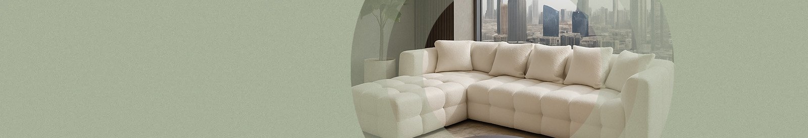 Elegant modular sofa in a modern living space with city skyline view