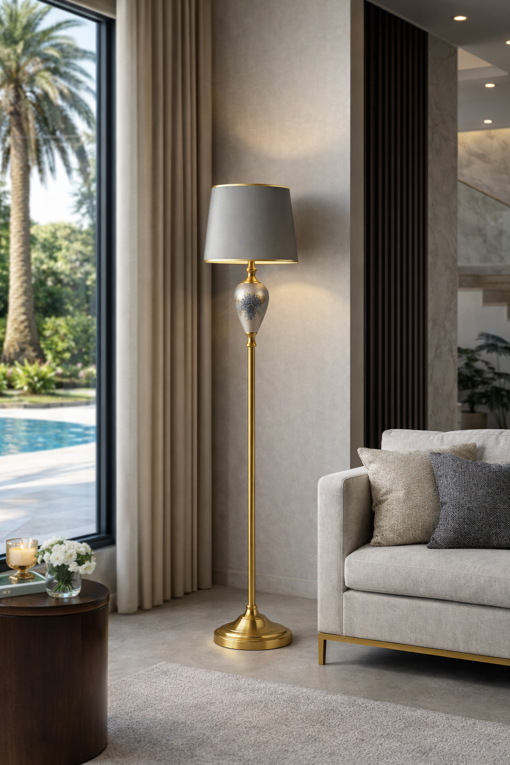 Crystal Bloom Luxury gold floor lamp with porcelain floral detail placed in a modern living room beside a beige sofa and large window.