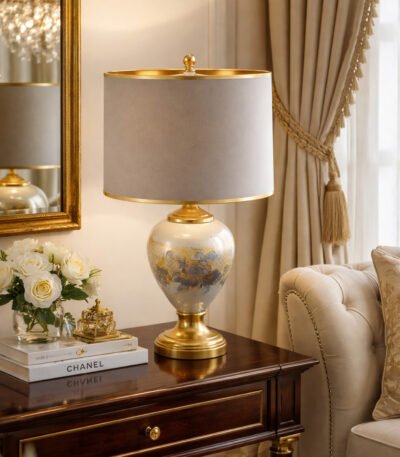 Luxury ceramic table lamp with gold accents and fabric shade in classic living room interior