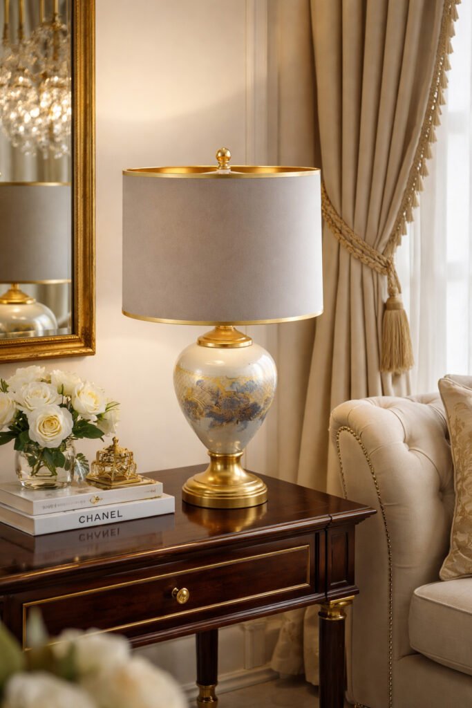 Luxury ceramic table lamp with gold accents and fabric shade in classic living room interior