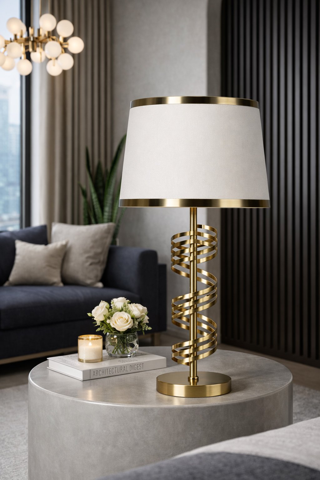Memoviva-Spiral Gold-cliving_room_table-lamp Modern gold spiral table lamp with white fabric shade placed on a round stone coffee table in a luxury living room.