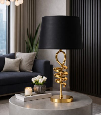 Modern luxury table lamp with gold spiral base in elegant living room setting