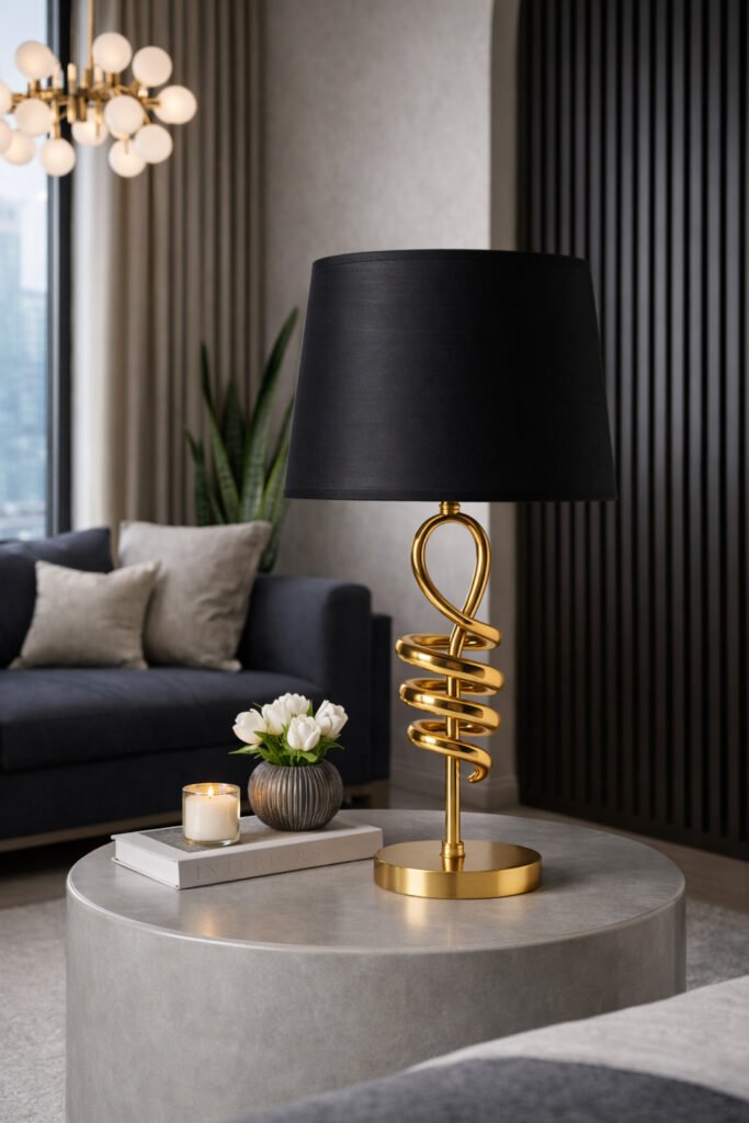 Modern luxury table lamp with gold spiral base in elegant living room setting