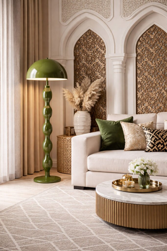 Olive green sculptural floor lamp placed in a luxury living room with beige sofa, decorative pillows, and Islamic-inspired wall panels.